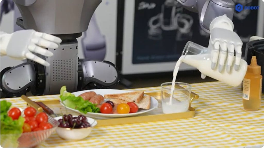 Thậm chí nó còn nói "Thêm một quả cherry nhé! Cái cuốn bé tí này tôi chỉ cần 2 ngón tay thôi, nó không làm khó được tôi". Tiếp đến, ATOM rót ra một cốc sữa. "Xong rồi!" giọng nói lại vang lên. "Một bữa sáng bổ dưỡng sẽ tạo nên một ngày hoàn hảo", sau đó nó bê khay lên và đi phục vụ.