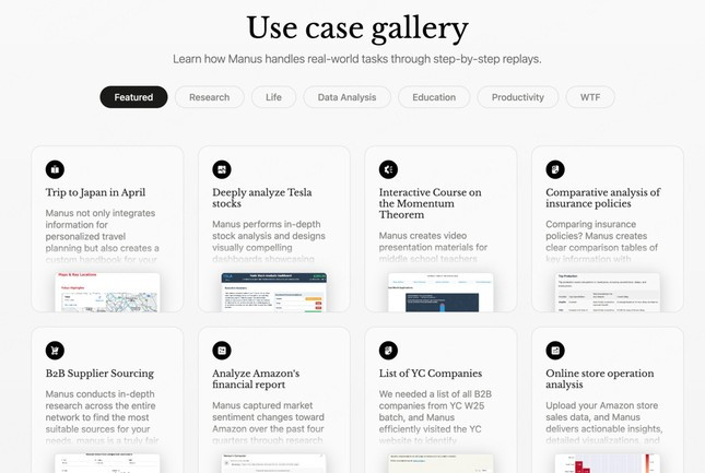 Nếu các chatbot AI chủ yếu chỉ cung cấp thông tin cho người dùng, thì Manus có thể làm được nhiều hơn thế - nó có thể tự nghiên cứu, phân tích dữ liệu, tạo báo cáo, tự động hóa quy trình làm việc, thậm chí viết và triển khai mã lập trình mà không cần sự can thiệp của con người.