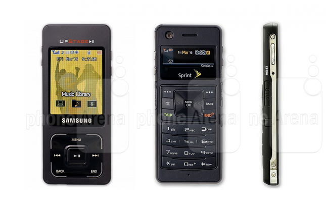 Samsung UpStage SPH-M620 là một chiếc điện thoại “hai mặt” theo đúng nghĩa. Ở một mặt, máy trông khá giống một chiếc máy chơi nhạc MP3 cùng màn hình 2,1 inch độ phân giải 176 x 220 pixel và các phím chuyên dụng để phục vụ tác vụ nghe nhạc. Trong khi đó, ở mặt còn lại, người dùng có màn hình dạng số và màn hình 1,4 inch độ phân giải 176 x 65 pixel. Tại Mỹ, chiếc điện thoại này được lên kệ vào năm 2007 độc quyền bởi nhà mạng Sprint với tên gọi Samsung UpStage.