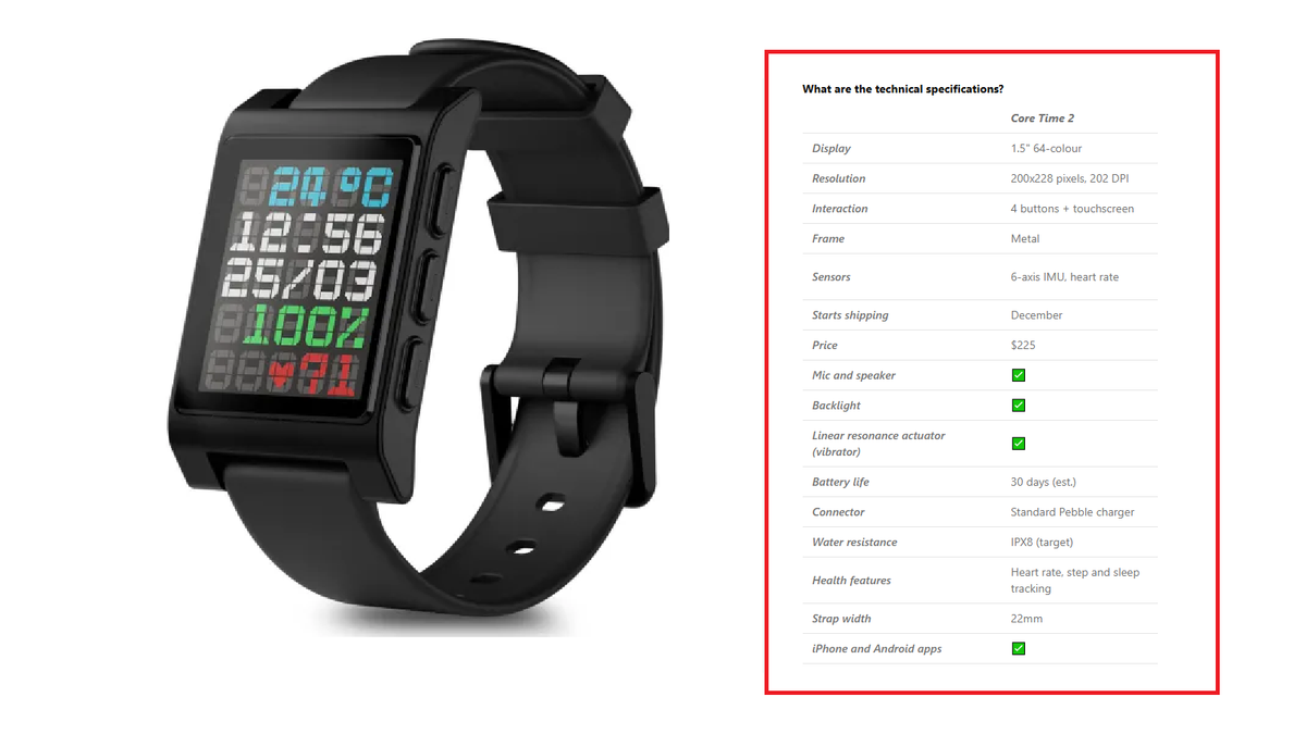Model Core Time 2, dự kiến lên kệ tháng 12 với giá 225 USD. Thay đổi lớn trên sản phẩm là màn hình cảm ứng 1,5 inch (hỗ trợ 64 màu), cho phép tương tác các thành phần trên mặt đồng hồ bằng thao tác chạm. “Sẽ thật tuyệt khi chỉ cần chạm lên đồng hồ của bạn, thay vì mày mò qua nhiều lớp menu và nút bấm”, Migicovsky chia sẻ.