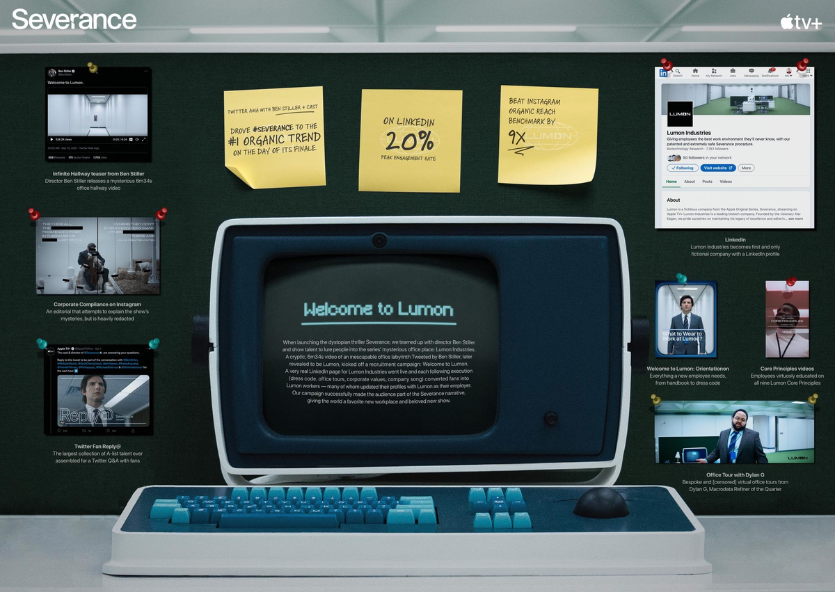  Với sức hấp dẫn của mình trong văn hóa đại chúng, Apple đã tích cực tiếp thị "Severance", hiện là loạt phim truyền hình được xem nhiều nhất từ trước đến nay của Apple.