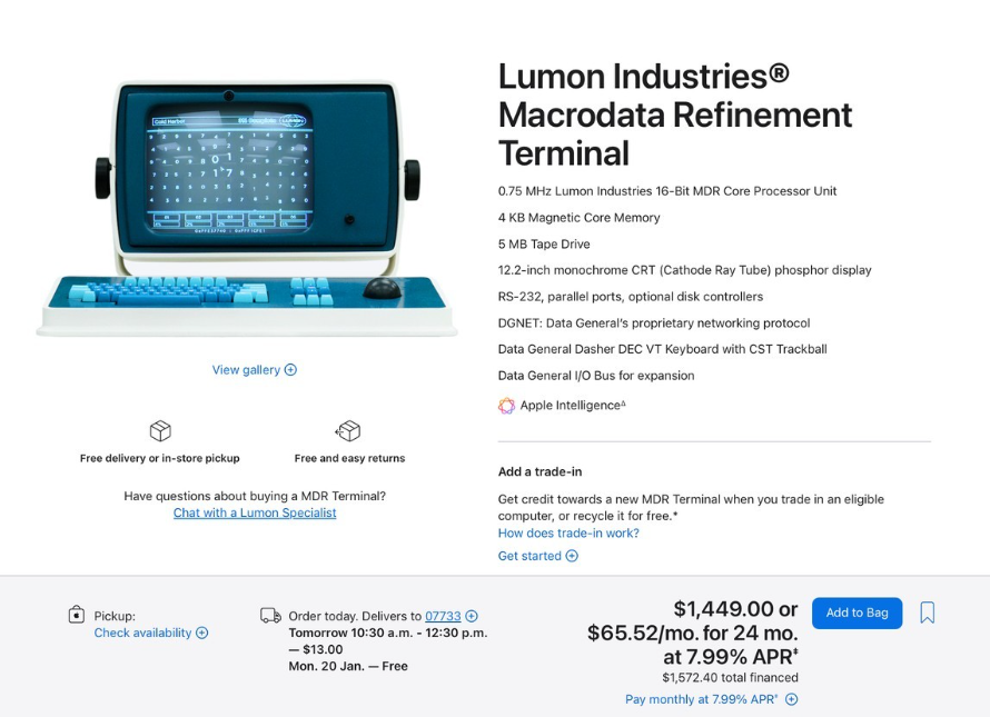 Nhiều người tò mò về cấu hình và giá bán của Terminal Pro. Tuy nhiên, Apple chỉ mô tả ngắn gọn: Một chiếc máy tính màu trắng và xanh với bàn phím phù hợp từ chương trình Severance của Apple TV+. Nhiều người dựa theo các thông tin trong phim để đưa ra những cấu hình và giá bán, tất cả đều không chính xác.