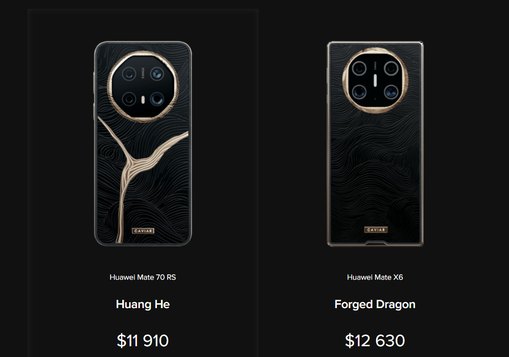 Một vài tùy biến của mẫu Huawei Mate X6 với biểu tượng sông Hoàng Hà và hình tượng rồng cũng được nhà thiết kế này bán ra với giá 11.910 và 12.630 USD.