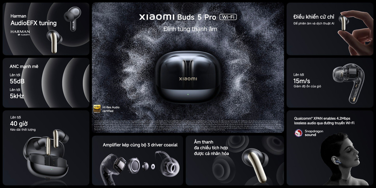 Bên trong, Xiaomi Buds 5 Pro được trang bị hệ thống ba driver đồng trục, bao gồm driver dynamic 11mm, driver planar và tweeter PZT. Tai nghe cũng có hai DAC và đáp ứng tần số rộng từ 15Hz đến 50kHz, đảm bảo âm cao trong trẻo, âm trung chi tiết và âm trầm sâu lắng.