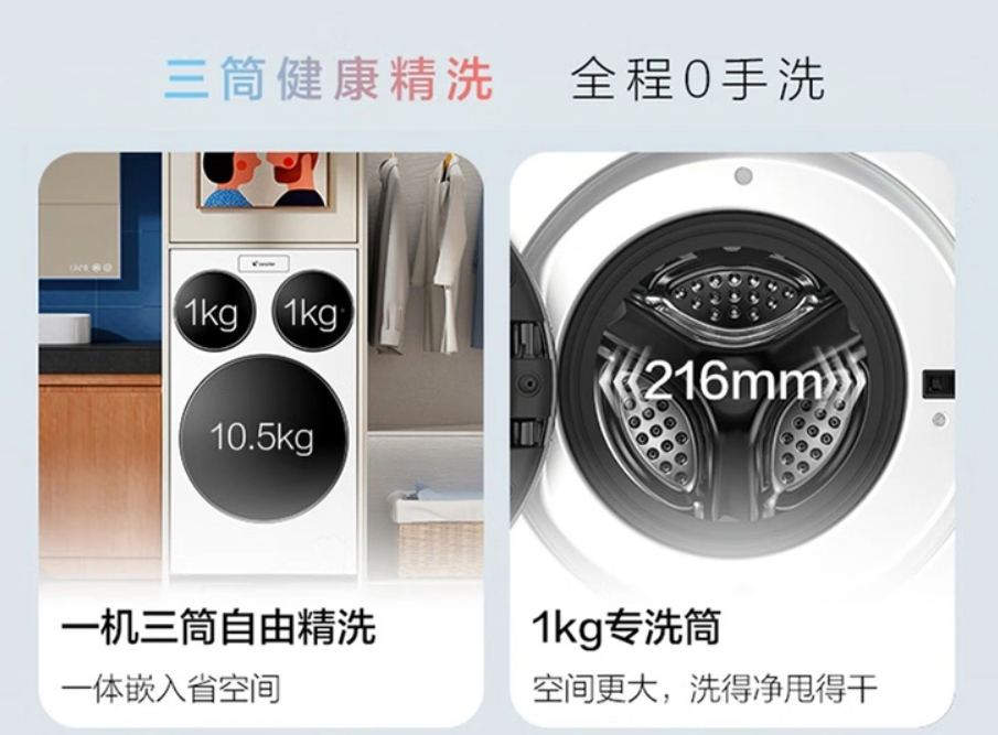 Leader có chiều dài 60 cm, rộng 57 cm và cao 107 cm, cao hơn nhiều máy giặt thông thường. Haier cho biết sản phẩm tích hợp “thuật toán cân bằng trí tuệ nhân tạo” để giữ 3 lồng giặt ổn định khi hoạt động cùng lúc.