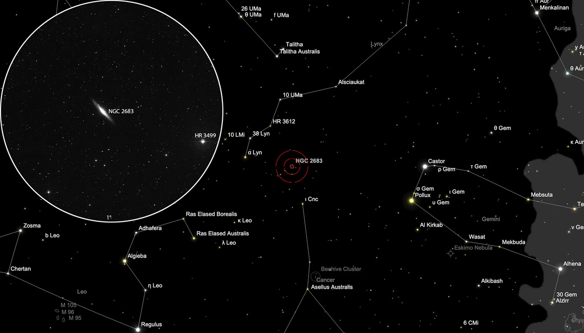 Quan sát chúng cũng không khác gì việc cố quan sát bầu trời từ Trái Đất khi đang có bão cát, theo các tác giả mô tả với tờ SciTech Daily. Ngoài ra, những con quái vật màu đỏ này cũng lớn bất thường. Trong ảnh là NGC 2683 trong tương quan về độ lớn so với các chòm sao. 