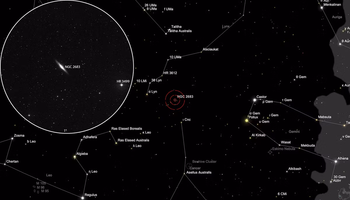 Quan sát chúng cũng không khác gì việc cố quan sát bầu trời từ Trái Đất khi đang có bão cát, theo các tác giả mô tả với tờ SciTech Daily. Ngoài ra, những con quái vật màu đỏ này cũng lớn bất thường. Trong ảnh là NGC 2683 trong tương quan về độ lớn so với các chòm sao. 