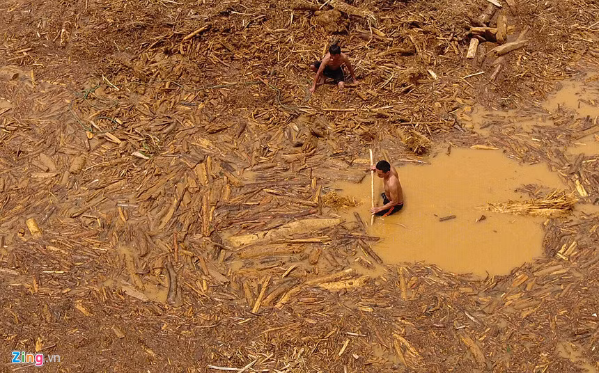 Mặt hồ rộng mênh mông, nước đục ngầu. Có những đoạn rộng tới nửa cây số tràn ngập củi, rác. Theo ước tính người dân, củi có thể vớt cả tháng cũng không hết.