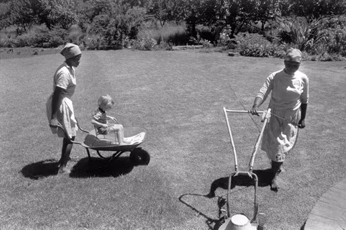 Những người phục vụ da đen cắt cỏ và chơi đùa với đứa trẻ của ông chủ da trắng tại một nông trại ở thị trấn Mooi River. Ảnh: A. Abbas/ Magnum Photos.