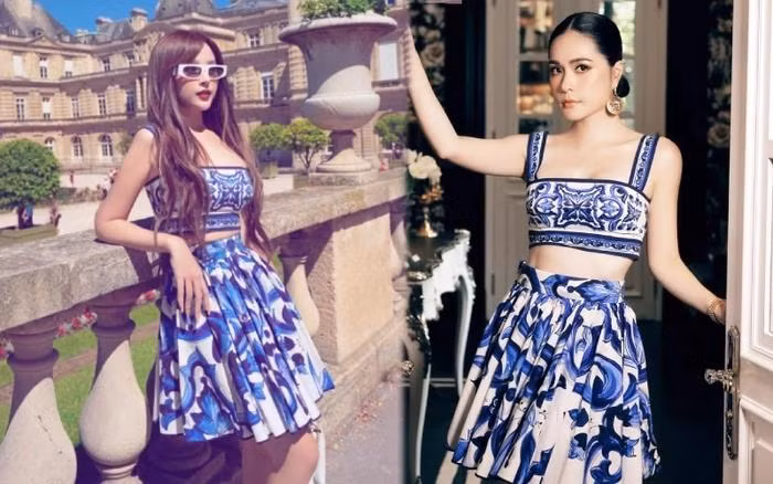 Cùng 1 outfit nhưng Huyền Baby với tóc xõa, kính râm rất ra dáng tiểu thư nữ tính còn Đoàn Di Băng búi tóc đeo khuyên tai to trông lại rất sắc sảo.