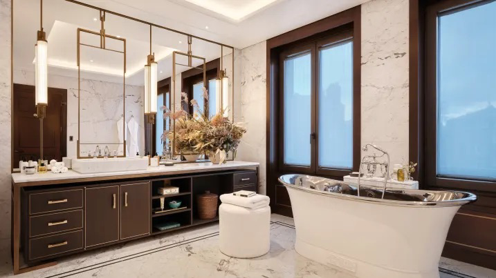 Toàn bộ tầng hai được dành cho dãy phòng chính rộng gần 150 m2 gồm tiền sảnh, tủ đựng túi xách, 2 phòng tắm và 2 phòng thay đồ kết hợp tủ quần áo.