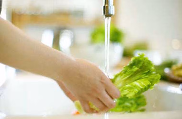 Rửa rau an toàn. Với rau lá to như cải, xà lách... thì phải bẻ ra từng nhánh, từng lá, để dưới vòi nước chảy mạnh một hồi lâu cho sạch hết ký sinh trùng. Lật tiếp qua bề kia rửa tương tự như vậy.