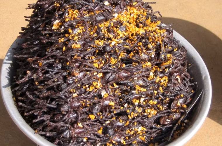  Nhện chiên. Nhện chiên là món ăn đường phố được nhiều người dân Campuchia ưa chuộng. Món ăn bắt nguồn từ những năm 1960, khi đó, người dân thiếu thức ăn trầm trọng và họ buộc phải tận dụng những con nhện để làm nguồn cung cấp dinh dưỡng cho mình.