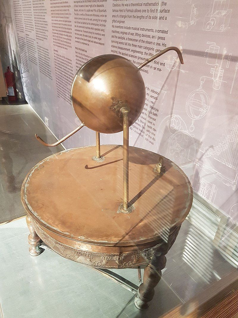 Hai bên quả cầu, ở hướng vuông góc với hai cái vòi kia lại có hai đường ống được nối với một cái nồi kim loại ở phần bên dưới. Trong chiếc nồi đổ phân nửa nước.