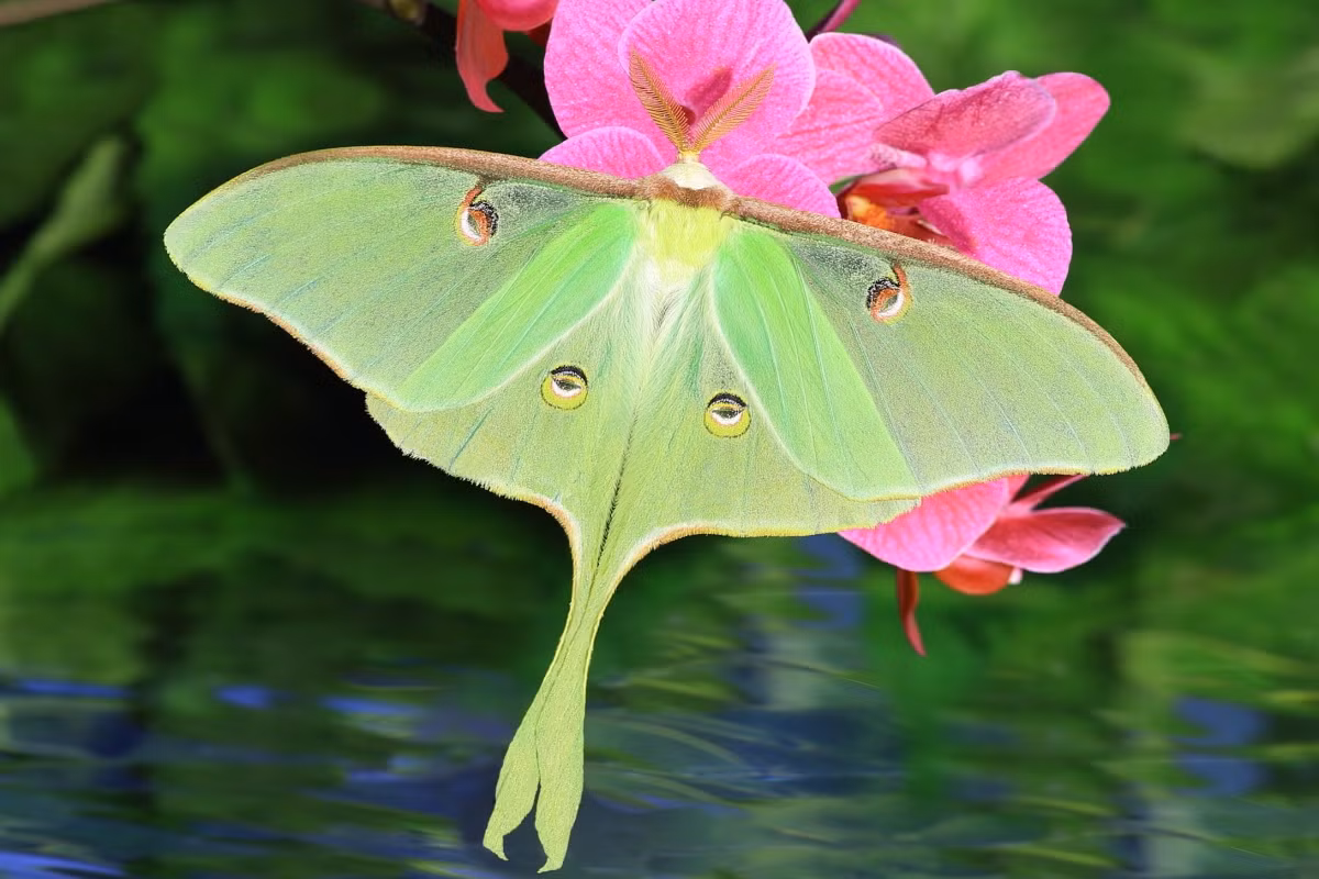 Ngài trắng Bắc Mỹ (Actias luna) mang vẻ đẹp quý phái với đôi cánh màu xanh pha vàng chanh, cánh sau có đuôi dài đặc trưng. Sâu bướm của chúng kiếm ăn trên một số loài cây rụng lá hàng năm.