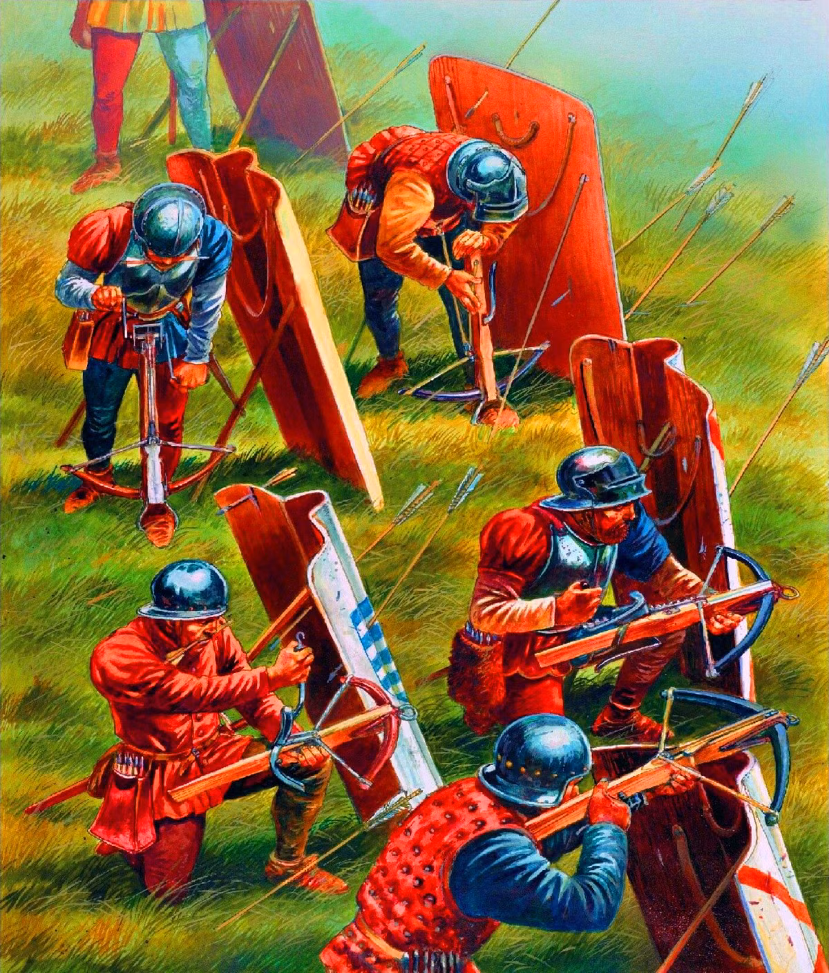 Ngoài cây nỏ, lính nỏ Genoa còn được trang bị thêm dao găm, mũ kim loại, giáp bảo vệ cùng một tầm khiên rộng có chân chống dùng để che chắn khi họ nạp tên cho nỏ. Đôi khi lính nỏ có hai phụ tá đi kèm, một người giúp nạp tên và một người cầm khiên.