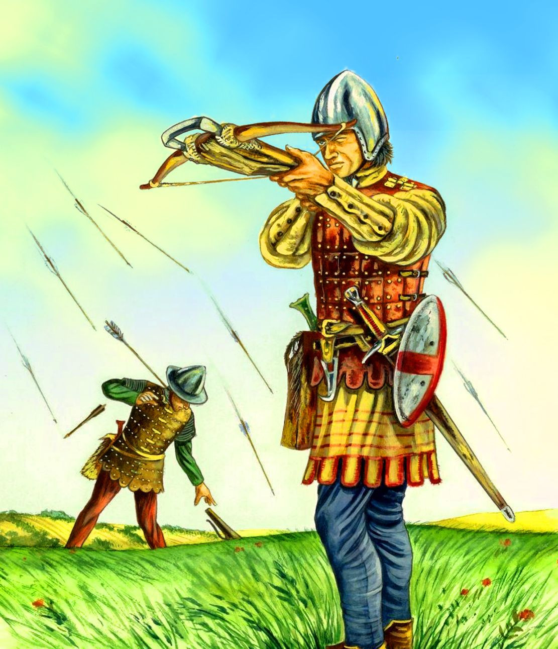 Nhưng lính nỏ Genoa không phải đội quân bất khả chiến bại. Trong trận Crecy ngày 26/8/1346, 5.000 lính nỏ Genoa đã bị lực lượng trường cung thủ Anh quốc đánh bại. Một phần nguyên nhân thất bại vì khiên bảo vệ của họ bị kẹt lại phía sau cùng đoàn hậu cần.