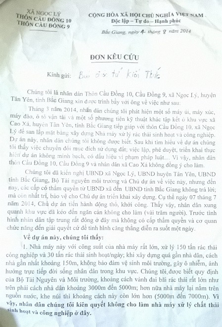 Đơn người dân địa phương gửi báo Kiến Thức.