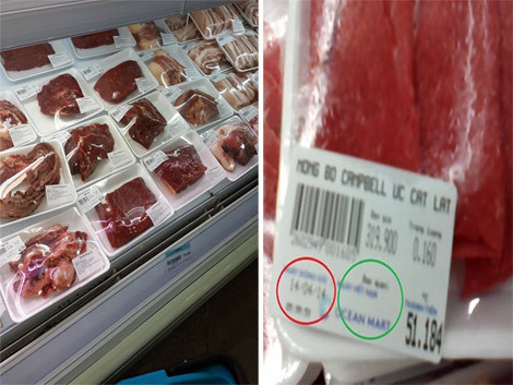 Sau khi Kiến Thức phản ánh về thực phẩm quên date, không rõ nguồn gốc, Ocean Mart đã vội vàng dán đủ 2 tem tiêu chuẩn lên sản phẩm (ảnh phải). Trong khi đó, một thời gian, người tiêu dùng đã bị siêu thị này qua mặt, lập lờ sản phẩm (ảnh trái). Lưu ý: sản phẩm thịt xẻ lát trong khay xốp không hề được dán một nhãn tem nào ở mặt sau theo kiểu giải thích... cho trẻ lên ba của siêu thị này.