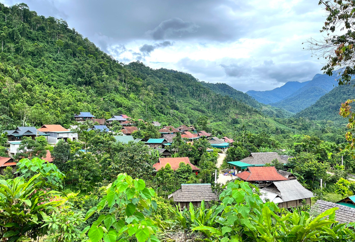 Nhìn từ xa, những mái nhà sàn của người Thái cổ ở Mường Đán hiện lên rõ nét trong màu xanh của núi rừng bao la.