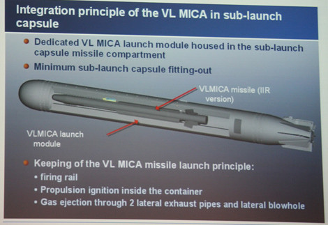 Thiết bị phóng tên lửa phòng không dưới mặt nước có hình dáng giống quả ngử lôi chứa bên trong nó là quả đạn tên lửa VL MICA IR.