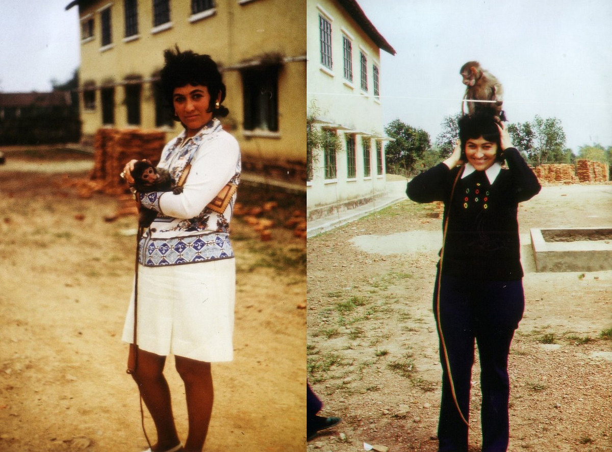 Bà Mosler và chú khỉ được nuôi tại nhà máy luyện kim ở Gia Sàng, Thái Nguyên, nơi các chuyên gia Đức công tác.