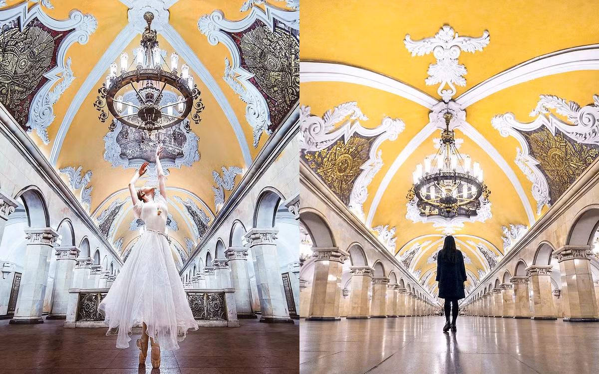  Komsomolskaya (Комсомо́льская, Tuyến số 1). Nằm dưới Quảng trường Komsomolskaya, ga này đem lại cho du khách cảm giác như đang ở trong đại sảnh của một cung điện lộng lẫy. Thiết kế của nhà ga Komsomolskaya đã được trao giải thưởng Stalin vào năm 1951 và danh hiệu Grand Prix tại Expo Brussels 1958.