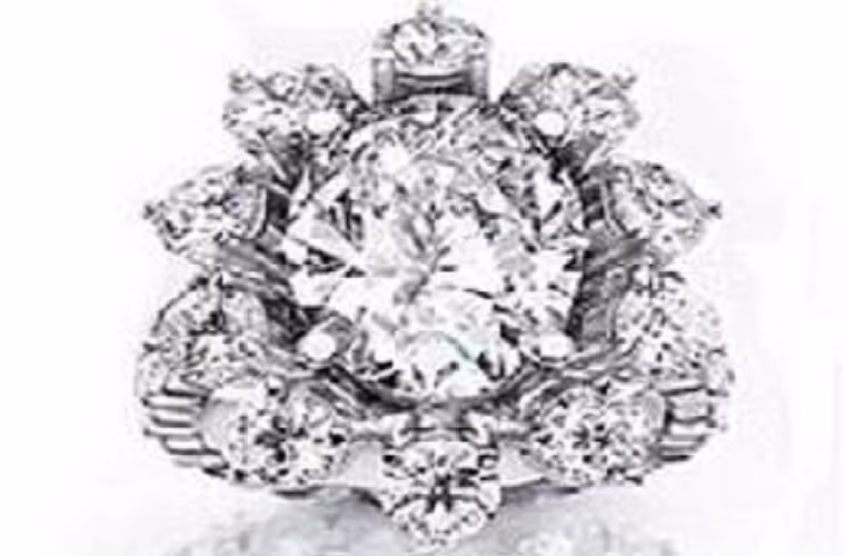 Thiết kế độc đáo của chiếc kim cương hình bầu dục này khiến bạn liên tưởng ngay tới bông hoa nở rực rỡ thay vì viên kim cương 5,98 kara, điểm xung quanh điểm những viên đá nhỏ 3,96 kara. Giá khởi điểm của nó là 1,3 triệu USD.