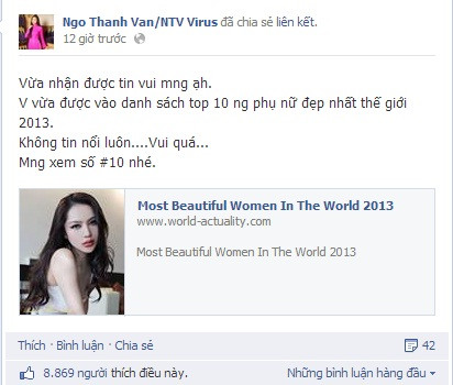 Ngay khi biết tin mình lọt vào danh sách này, đả nữ của làng điện ảnh Việt đã vui mừng thông báo trên trang cá nhân. Có nhiều bạn bè và fan hâm mộ vào chúc mừng người đẹp.