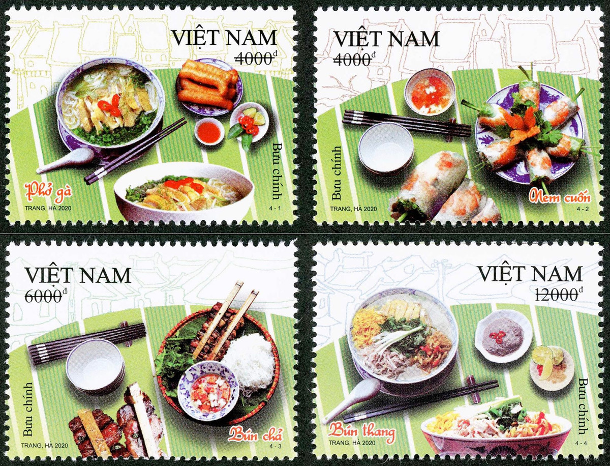 Bộ tem "Ẩm thực Việt Nam" gồm 4 mẫu, giới thiệu các món ngon Hà thành là phở gà, nem cuốn, bún chả, bún thang, được phát hành năm 2020, nhân 1.010 năm Thăng Long - Hà Nội và 66 năm Ngày Giải phóng Thủ đô. Bộ tem có khổ 43x32 mm, theo phong cách tả thực, nền tem cách điệu hình ảnh phố cổ Hà Nội và lá chuối. Ảnh: VNPost.