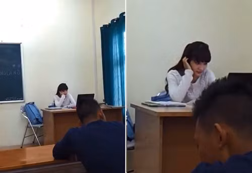 Cô giáo ở phía trên bục giảng gây chú ý bởi dung mạo trẻ đẹp.