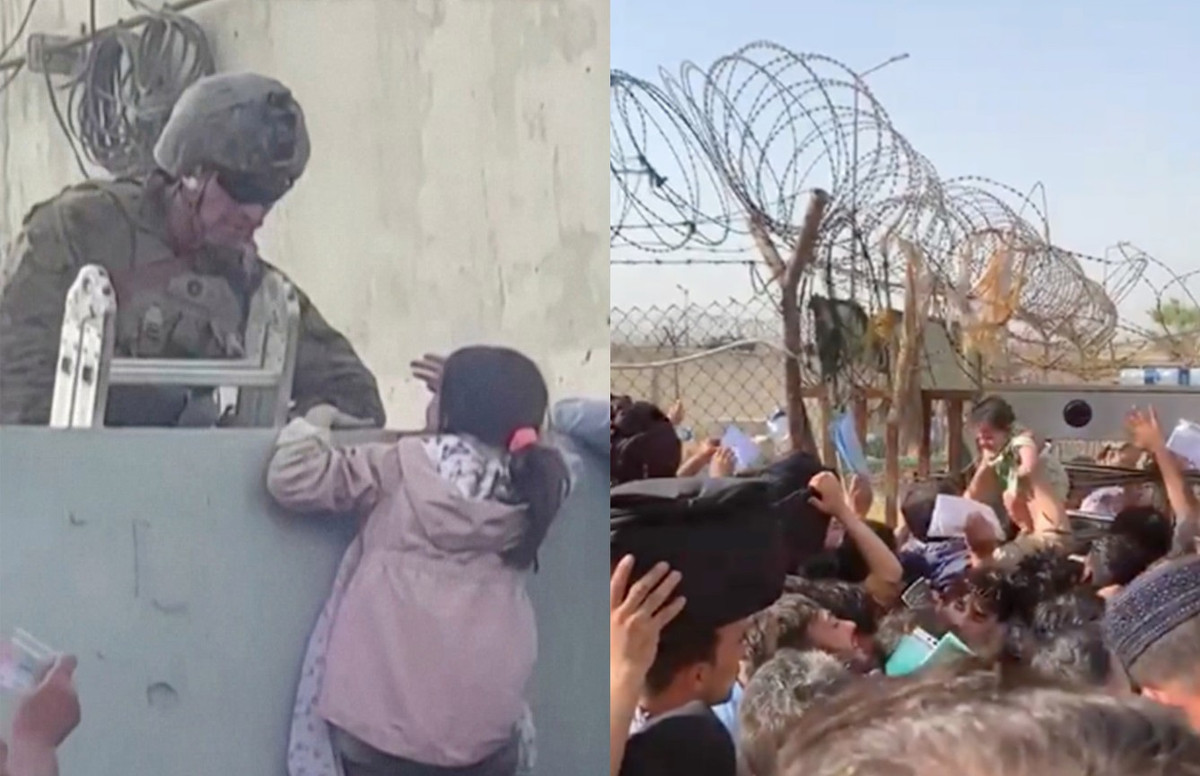 Một số người tiếp tục nâng trẻ em, và cầu xin người xung quanh giúp đưa những đứa trẻ tới tay các binh sĩ nước ngoài đang đứng ở bên kia bức tường. "Nếu không thể đón chúng tôi, xin hãy đưa con chúng tôi tới nơi an toàn", ai đó hét lên trong đám đông. Đứng bên kia bức tường rào dây thép gai là các binh sĩ NATO. Họ hét lên "trẻ em, trẻ em", ngỏ ý đón vào trong sân bay những trẻ em đang mắc kẹt bên ngoài bức tường. Ảnh: New York Post.