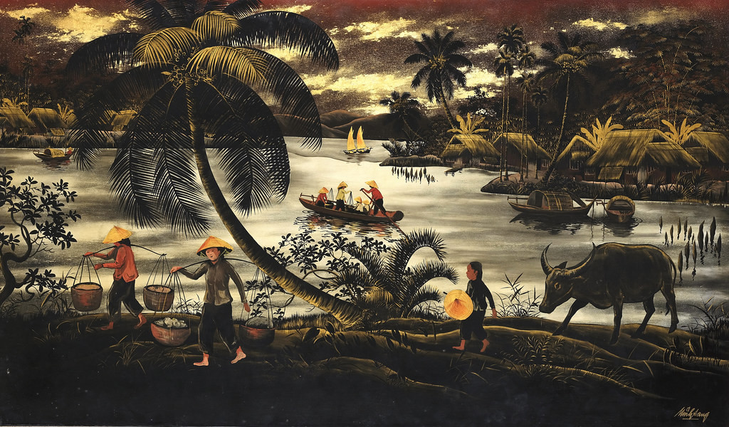 Thuyền đánh cá trở về. Tranh của Minh Song, sơn mài trên gỗ, khoảng năm 1955.