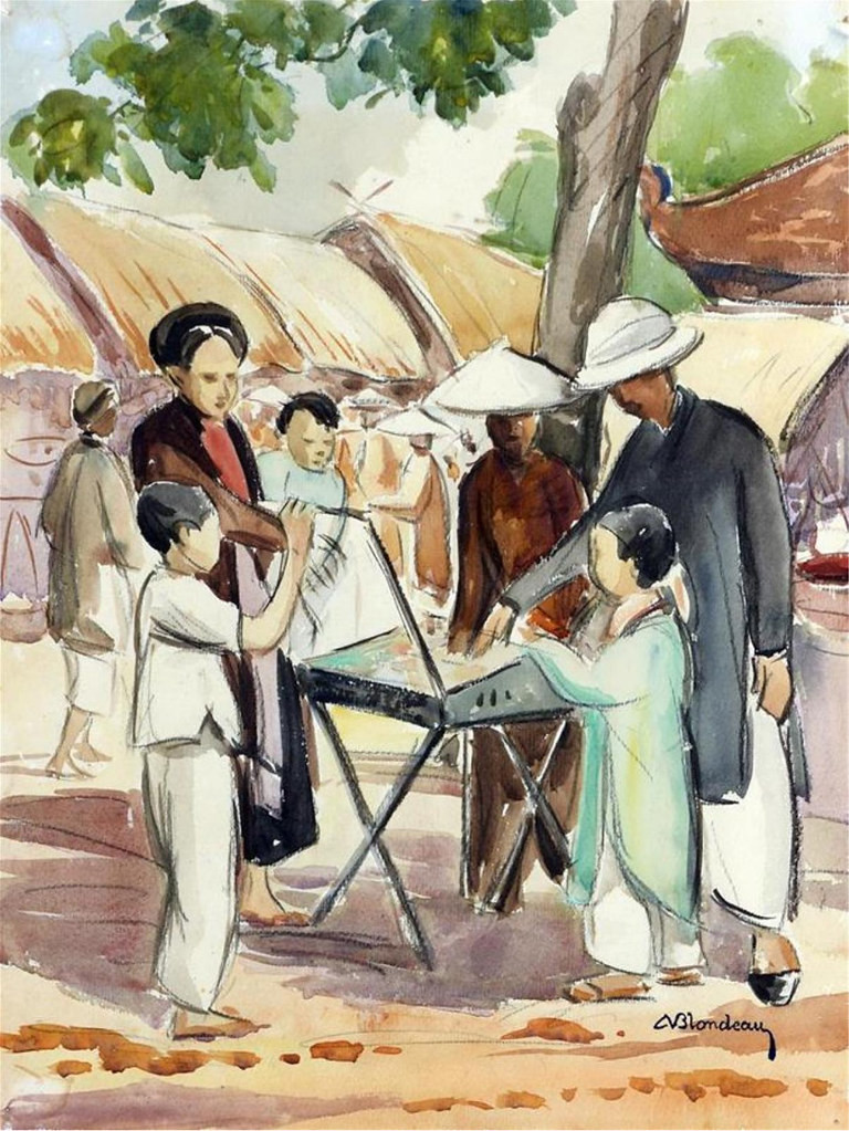 Chợ làng vùng ven Hà Nội. Tranh của Andre Eugene Louis Blondeau.