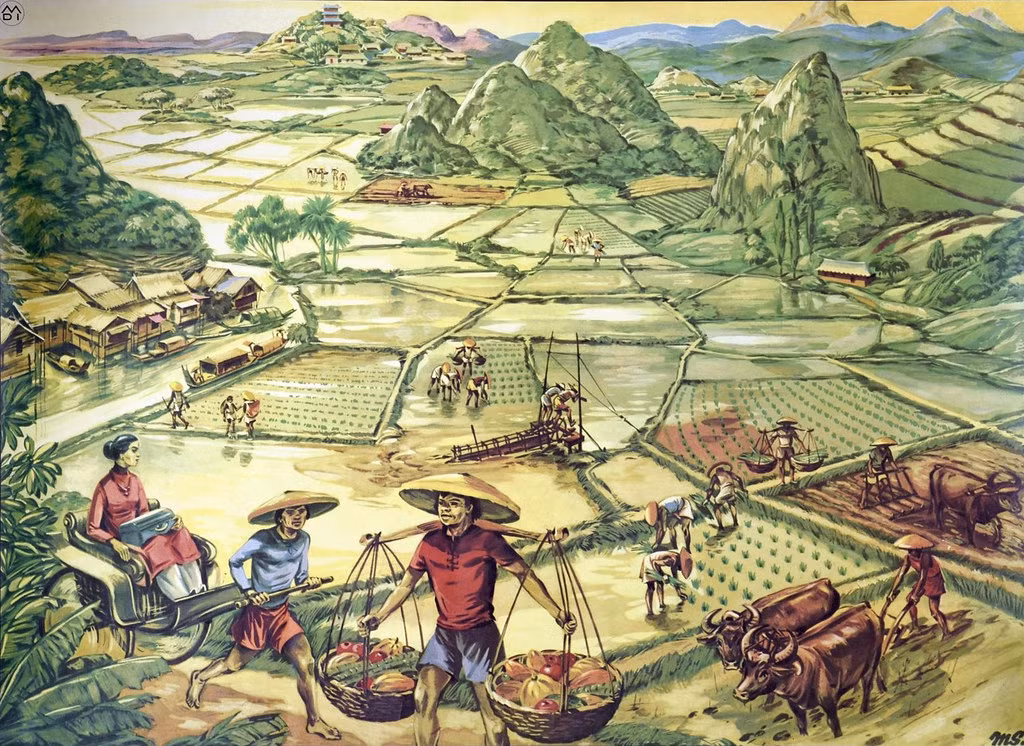 Một ngôi làng ở Đông Dương. Tranh của Hélène Poirié, 1952.