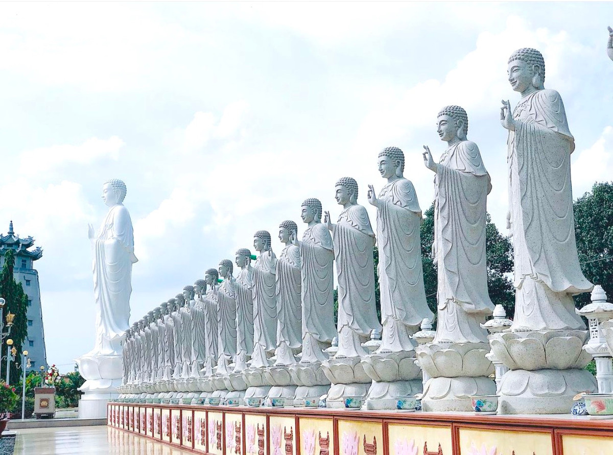 Chùa Đại Tòng Lâm nằm trên Quốc lộ 51, thị xã Phú Mỹ (Bà Rịa - Vũng Tàu), cách TP.HCM khoảng 70 km. Nơi đây có vườn tượng Cửu phẩm Cực Lạc gồm 48 pho tượng đức Phật A di đà bằng đá hoa cương. Trong đó, có một pho tượng cao 18 m bằng bê tông. Tầng lầu của chính điện thờ 9 pho tượng lớn bằng đá hoa cương. Đặc biệt, các mặt vách tường xung quanh chính điện có khoảng 10.000 tượng Phật nhỏ. Năm 2007, Trung tâm Sách kỷ lục Việt Nam xác lập ngôi chùa có tượng Phật nhiều nhất cả nước. Ảnh: Zenchen82.