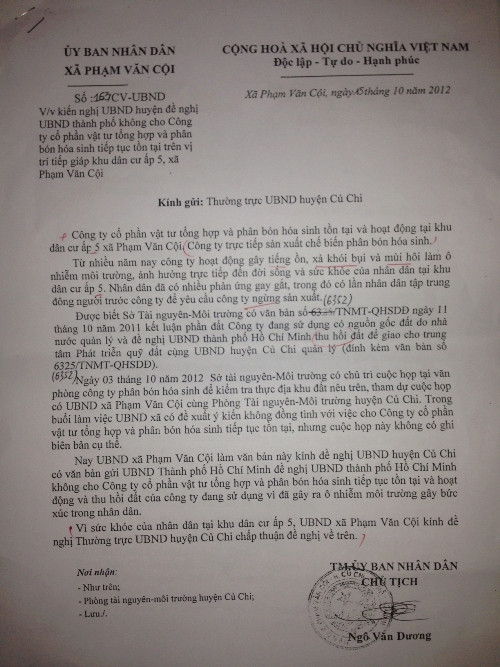 UBND xã Phạm Văn Cội gửi công văn cho thường trực UBND huyện Củ Chi kiến nghị UBND huyện đề nghị UBND TP HCM không cho công ty Hóa Sinh tiếp tục tồn tại vì gây ô nhiễm môi trường và bức xúc trong nhân dân.