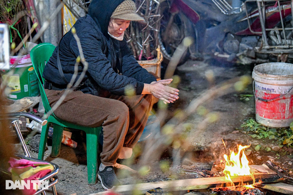 Thời tiết Hà Nội về đêm có lúc xuống dưới 10 độ C, các tiểu thương bán hoa phải đốt củi sưởi ấm. 