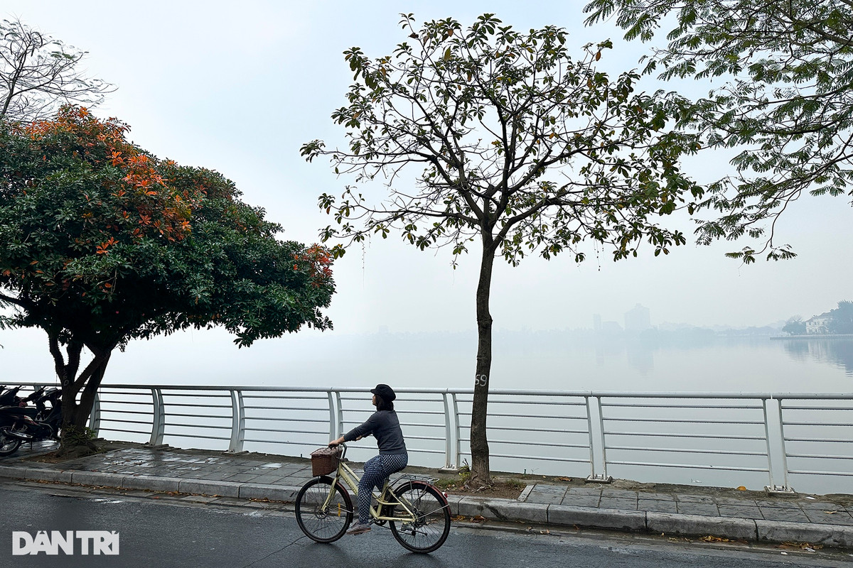 Một người đạp xe trong không gian hồ Tây mờ ảo.