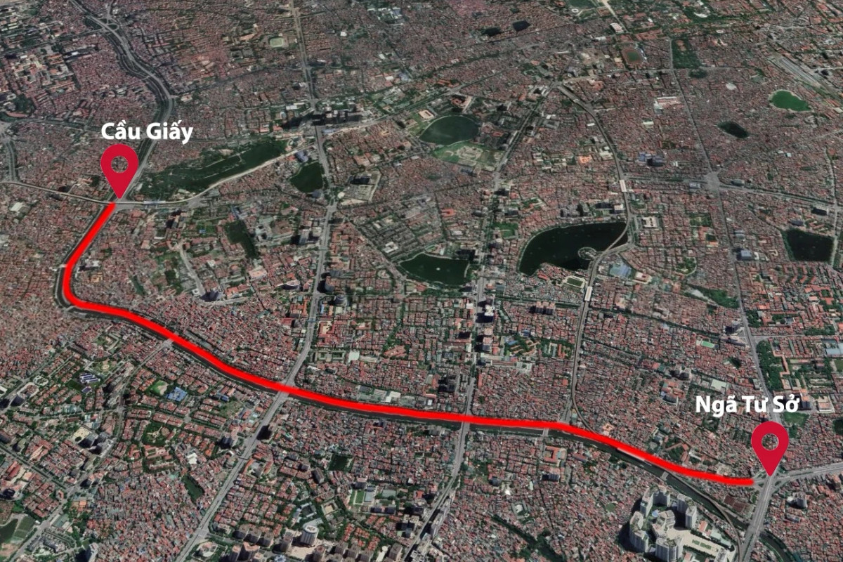 Bản đồ dự án cải tạo, mở rộng Vành đai 2 trên cao và dưới thấp (đoạn Ngã Tư Sở - Cầu Giấy). Ảnh: Google Maps.