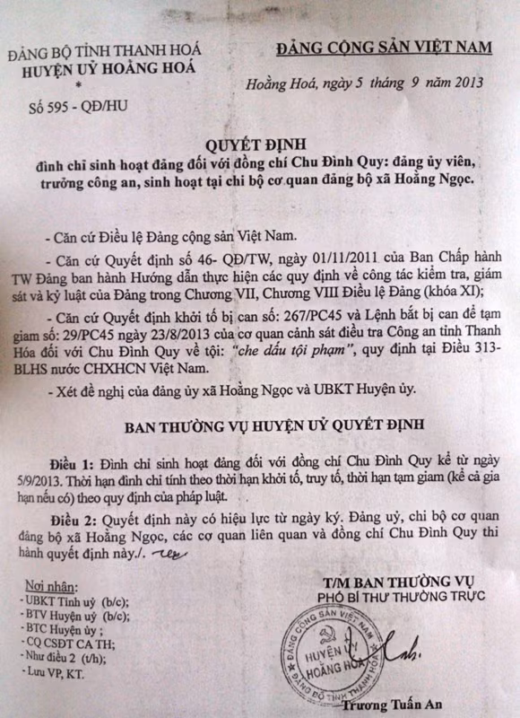 Quyết định đình chỉ sinh hoạt Đảng đối với ông Chu Đình Quy.