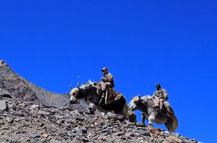 Hai lính Trung Quốc cưỡi bò Tây Tạng tuần tra khu vực hiểm trở nằm tại biên giới Trung – Pakistan.