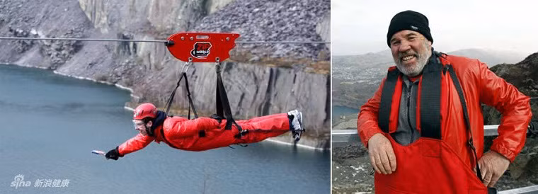 Người đàn ông này đã tham gia cuộc đua cáp trên không với tổng chiều dài quãng đường là 1,6 km giữa trời mưa gió trong khi đã 68 tuổi.