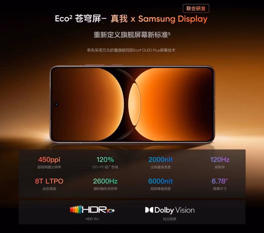 GT7 Pro sở hữu màn hình Eco² OLED Plus kích thước 6,78 inch do Samsung phát triển, với độ sáng tối đa lên đến 6.000 nit, được cho là màn hình có mức tiêu thụ điện năng thấp nhất hiện nay. Màn hình này có độ phân giải 1,5K, tần số quét 120Hz và có thiết kế hơi cong nhẹ ở 2 cạnh viền. Thiết kế màn hình là dạng "nốt ruồi" nơi chứa camera selfie 16MP.