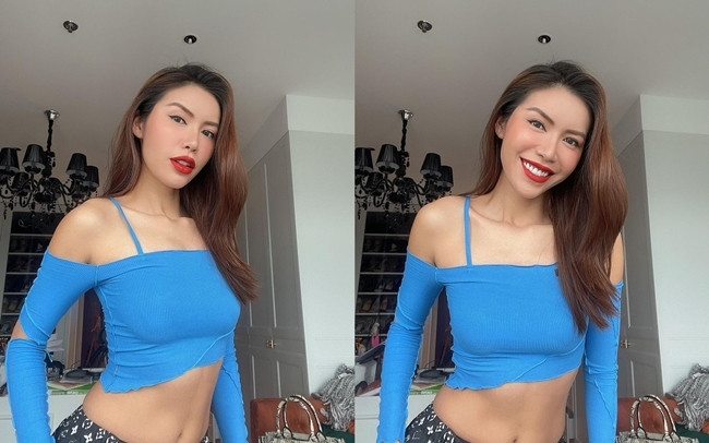 Minh Tú cuốn hút trong chiếc áo croptop trễ vai với chi tiết cut-out bất đối xứng cùng chất vải mềm mại. Chi tiết cắt xẻ ngẫu hứng nhưng lại rất tinh tế để lộ ra đôi vai trần và vòng eo quyến rũ của người mẫu.