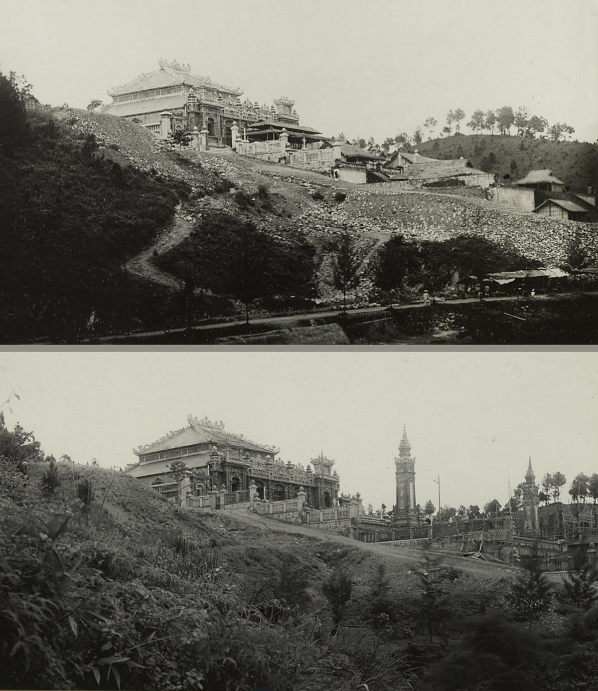 Công trường xây lăng nhìn từ chân núi Châu Chữ, thập niên 1920. Bức ảnh phía dưới được chụp khi lăng đã gần hoàn thiện, các lều lán đã dỡ bỏ.