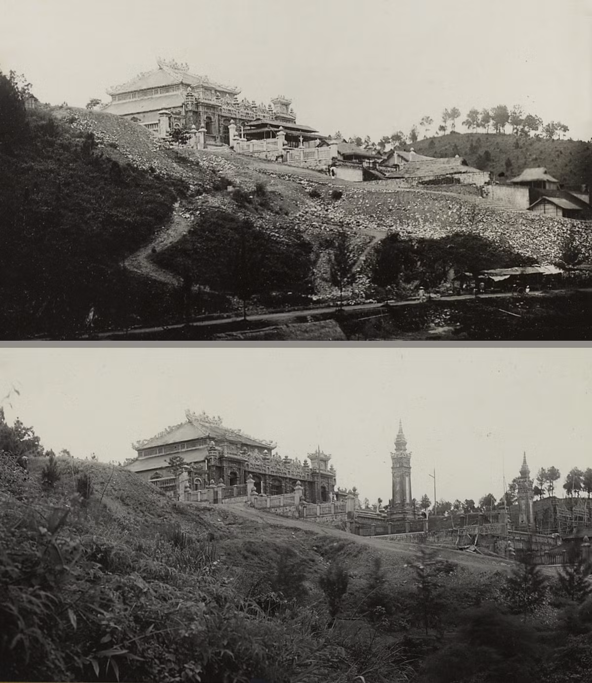 Công trường xây lăng nhìn từ chân núi Châu Chữ, thập niên 1920. Bức ảnh phía dưới được chụp khi lăng đã gần hoàn thiện, các lều lán đã dỡ bỏ.