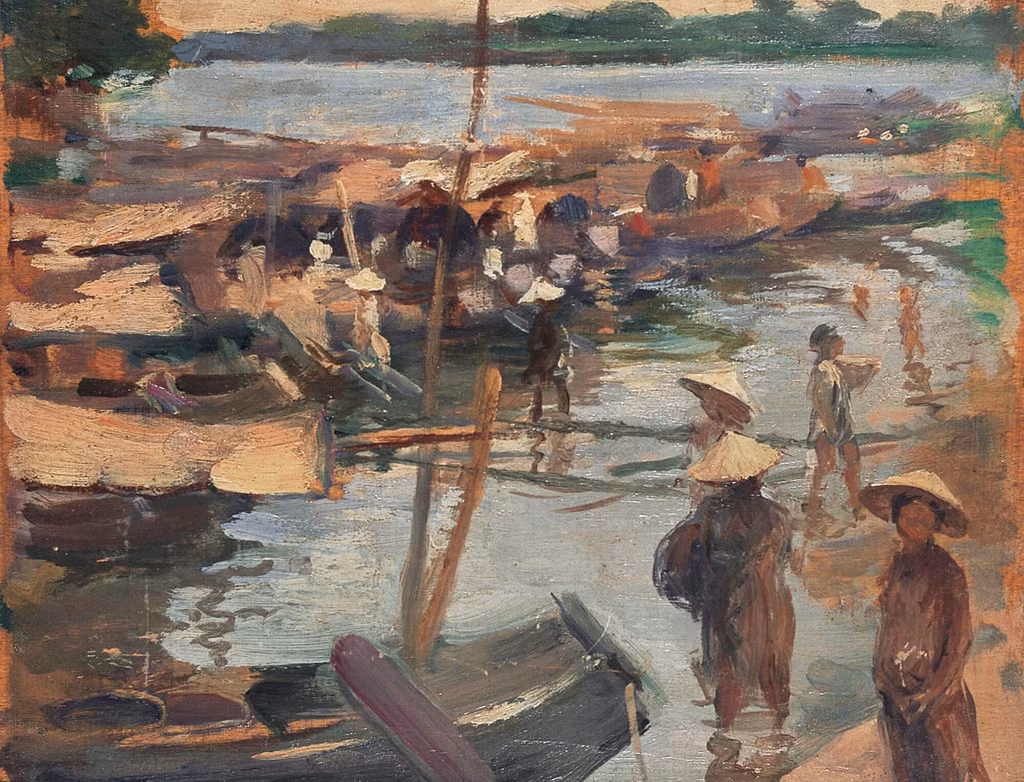 "Chợ bên sông", sơn dầu, Victor Tardieu, khoảng năm 1924. Khi Thế chiến I kết thúc, Tardieu nhận giải thưởng Indochine (Đông Dương) cho các tác phẩm của mình. Phần thưởng là một chuyến viễn du tới xứ Đông Dương trong vòng một năm.
