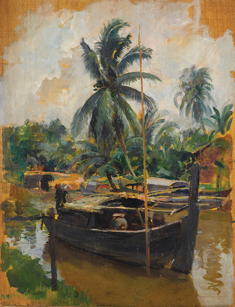"Những con thuyền và cây dừa", sơn dầu, Victor Tardieu, khoảng năm 1921-1922. Tháng 1/1921, từ cảng Marseille, Victor Tardieu khởi hành đến Việt Nam. Ông không ngờ rằng mảnh đất xa xôi này sẽ níu chân ông lại cho đến cuối đời.