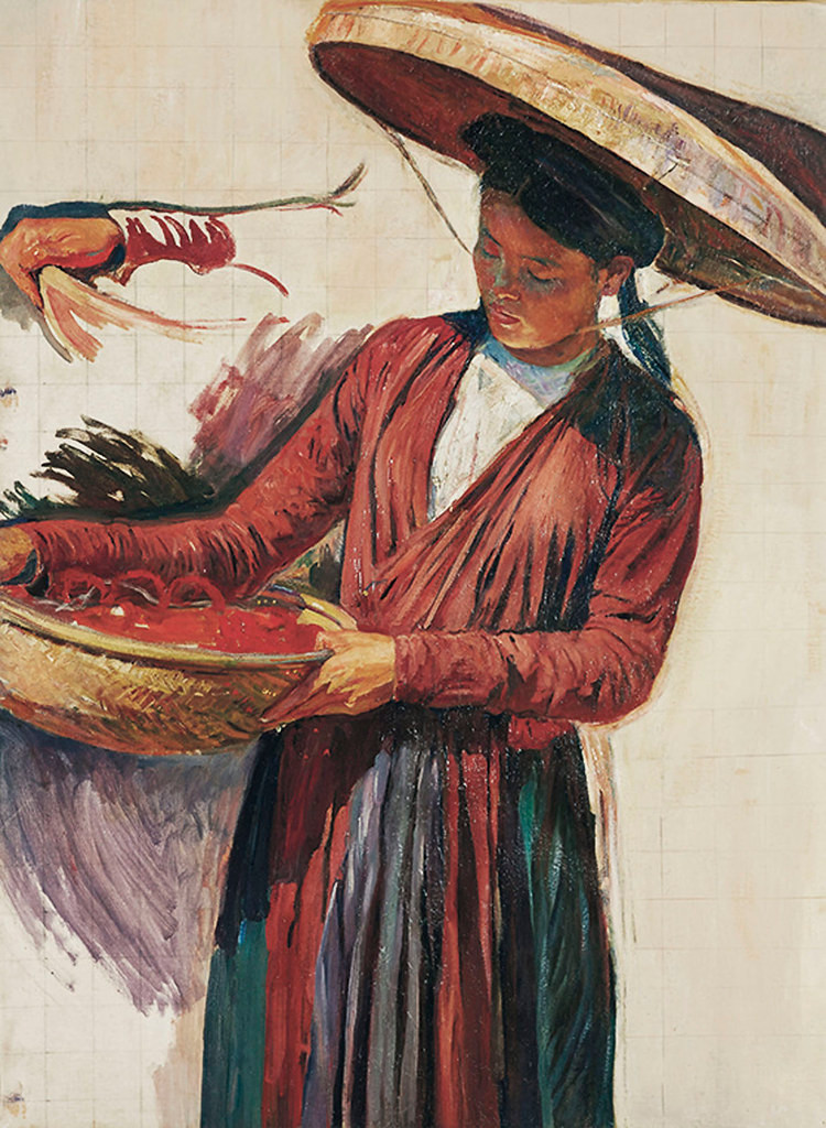 "Người phụ nữ miền Bắc cầm cái mẹt", sơn dầu, Victor Tardieu, 1923. Muốn truyền dạy cho người Việt các kỹ thuật hội họa phương Tây, Victor Tardieu đã vận động các nhân vật có uy tín để thành lập một trường mỹ thuật ở Đông Dương, điều vốn đi ngược chính sách thuộc địa thời đó.